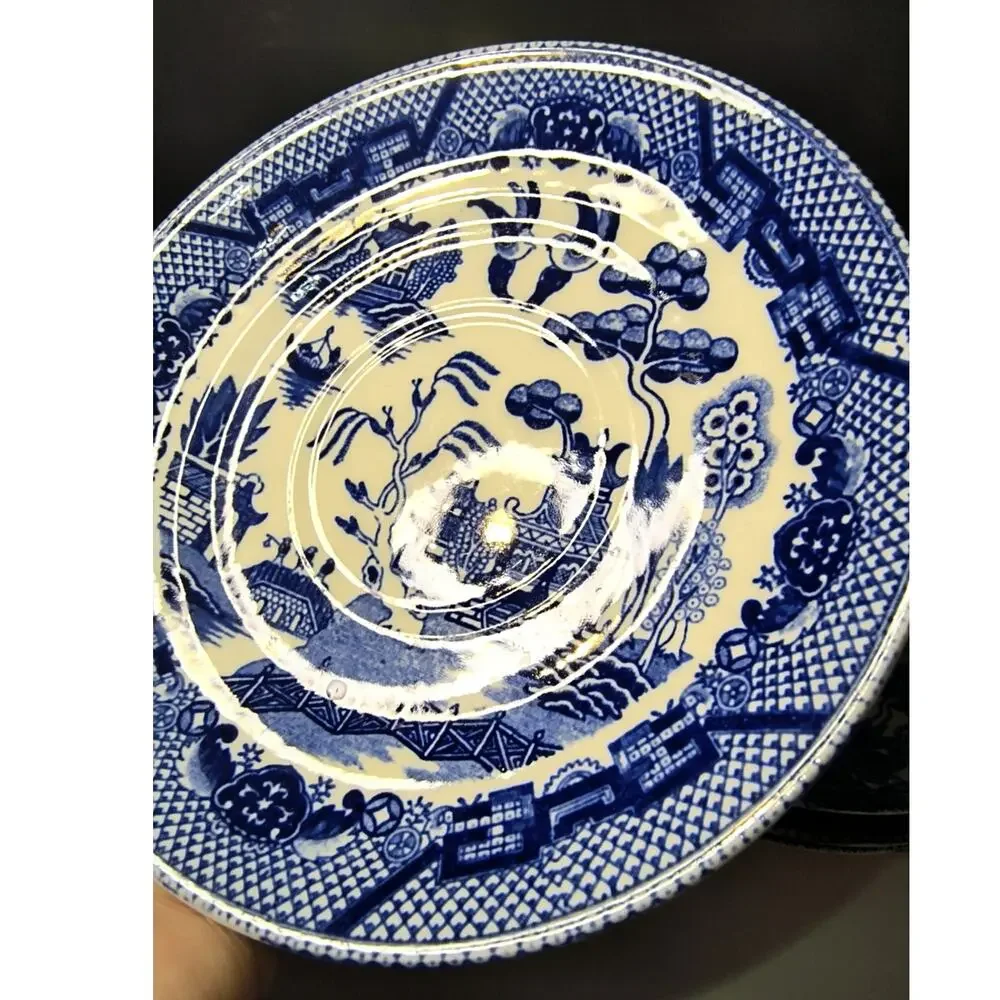 1853.  Saucer in Japanese Blue Willow Transfer Ware Style Blue White